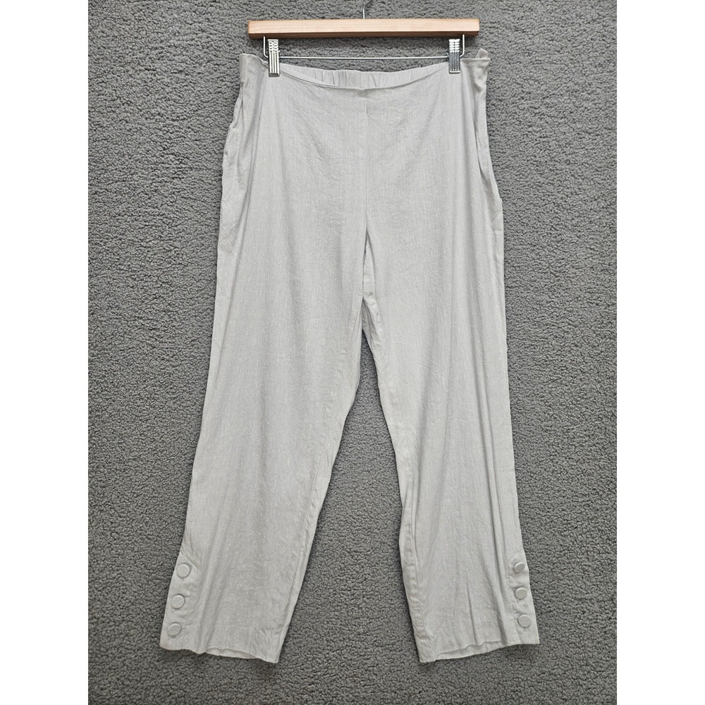 J. Jill Linen Stretch Pants Medium Gray Crop Button Hem Coastal Grandma Casual